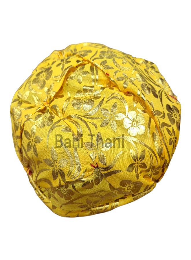 BANI THANI® Rajasthani Cotton Pagdi for Men's & Women's Traditional Round Turban for Any Party Events or Festival, Yellow Pagdi with Golden Print, Freesize (Yellow Foil Topi) - Image 1